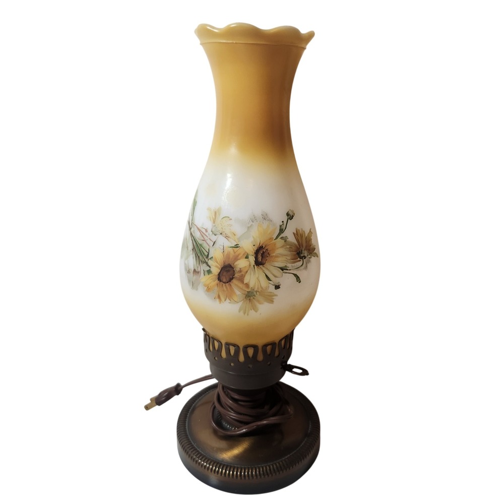 Vintage Hurricane Lamp Milk Glass Sunflower Floral Yellow Ombre Brass Base 13in